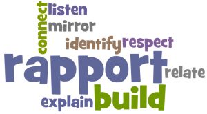 a bunch of words that says "rapport, relate, explain, build, connect, listen, mirror and identify respect" all of these words is part of rapport